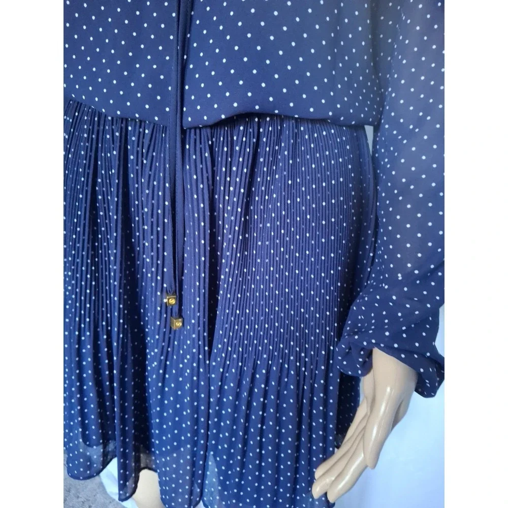 Michael Kors Womens Blue Cold Shoulder Sleeve Tie Neck Polka Dot Dress Size XS